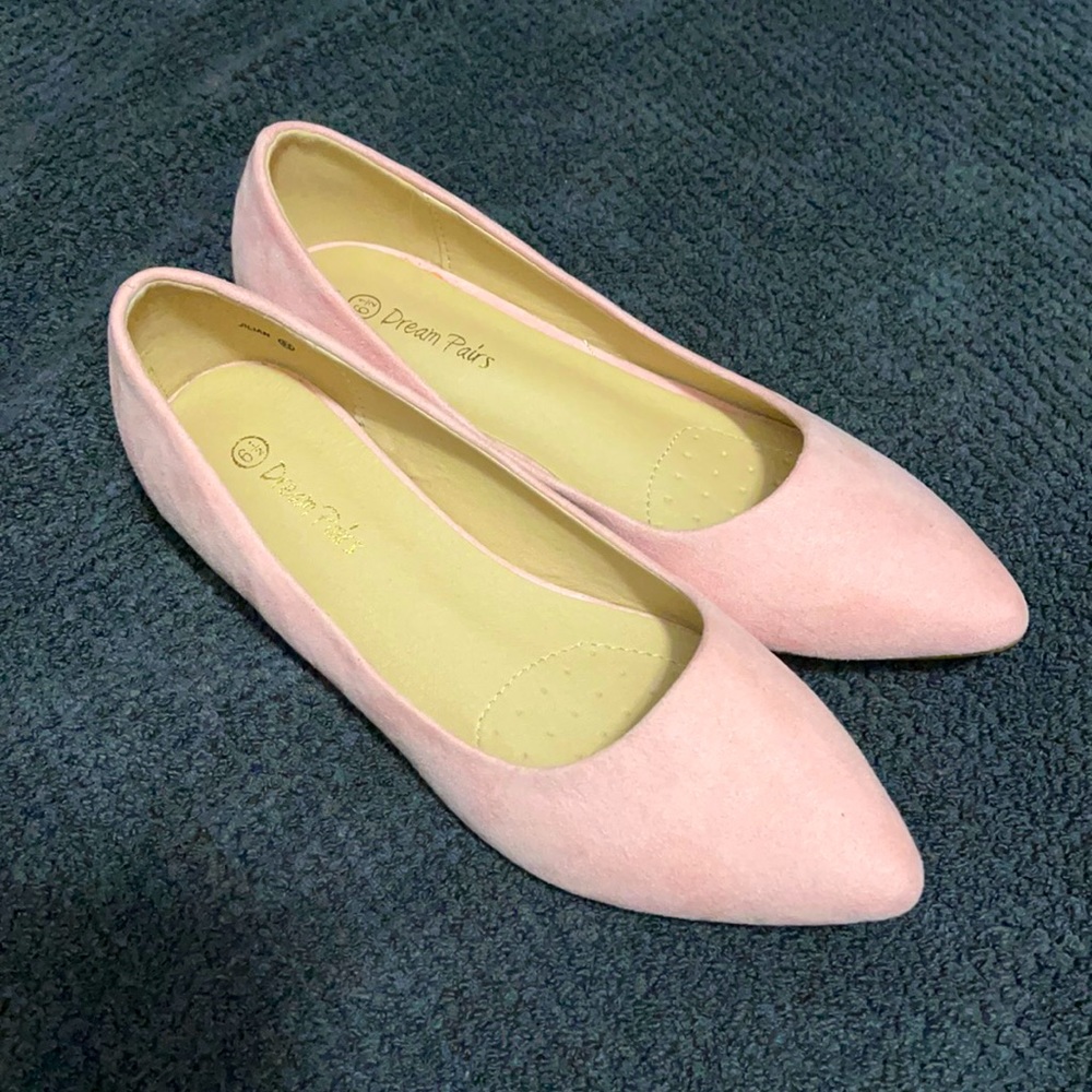 Pink suede pointy toe flats